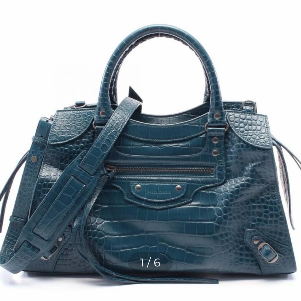 Balenciaga Neo Classic Large Croc-Embossed Leather Shoulder Bag, Blue